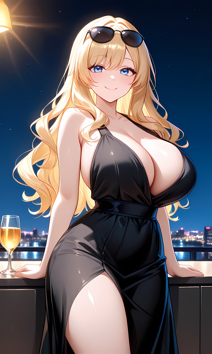 夜景のルーフトップ、黒いドレスのなつみ