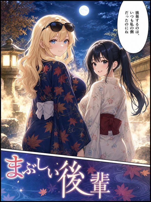 『まぶしい後輩』扉絵。月夜の温泉宿で、浴衣姿のなつみとKAEDEが並ぶ
